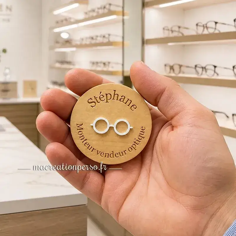 Badge vendeur optique personnalisé avec prénom et fonction
