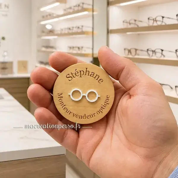 Badge vendeur optique personnalisé avec prénom et fonction