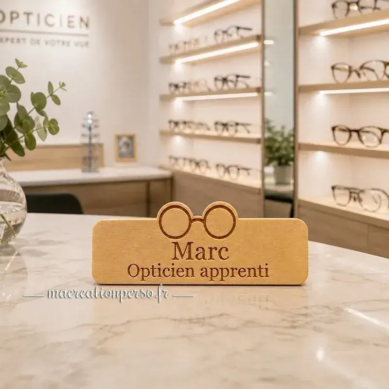 Badge apprenti opticien avec gravure prénom et fonction