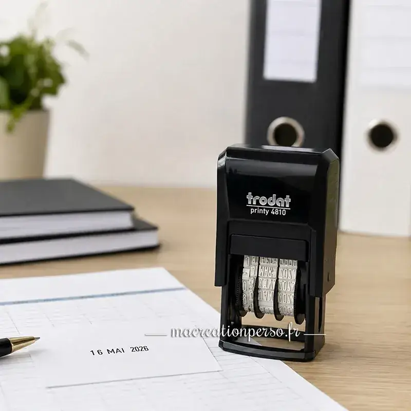 Utilisation du tampon dateur pour organiser et dater les documents administratifs.