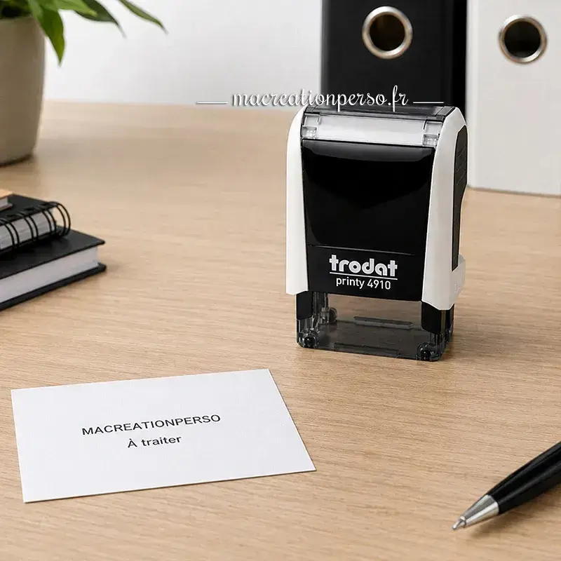 Utilisation du tampon Trodat 4910 sur documents professionnels : courriers, formulaires ou documents administratifs.