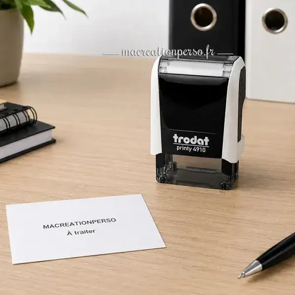 Utilisation du tampon Trodat 4910 sur documents professionnels : courriers, formulaires ou documents administratifs.