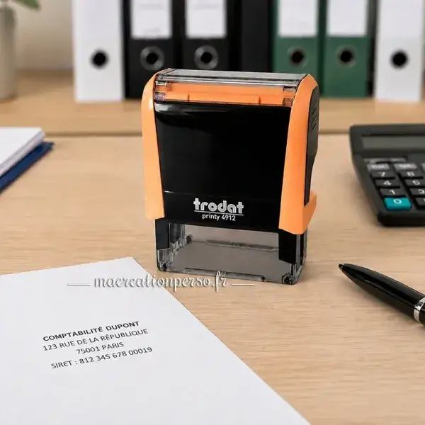 Utilisation du tampon Trodat 4912 sur documents professionnels : factures, devis, courriers ou documents administratifs.