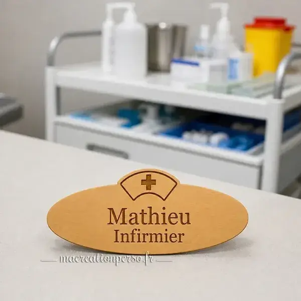 Badge professionnel infirmier personnalisé en bois dans un environnement hospitalier