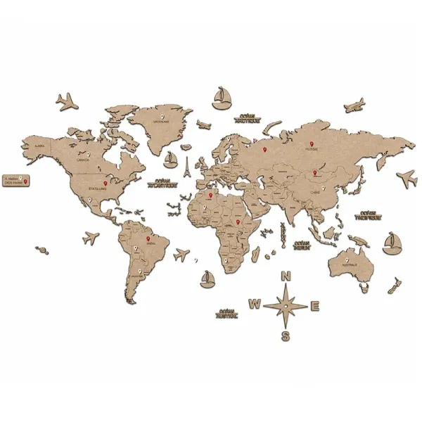 Carte du monde avec pays en bois de fibre pour décoration murale