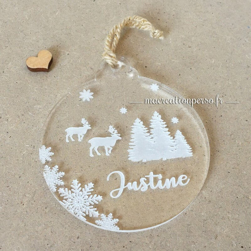 Boule de Noël Prénom personnalisée transparente et Flocon de neige - 50 mm