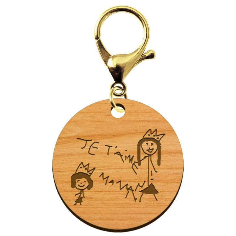 Porte-clé personnalisable en bois dessin de taille 50 mm avec mousqueton de couleur or