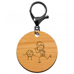 Porte-clé en bois motif dessin enfant diamètre 50 mm avec mousqueton noir