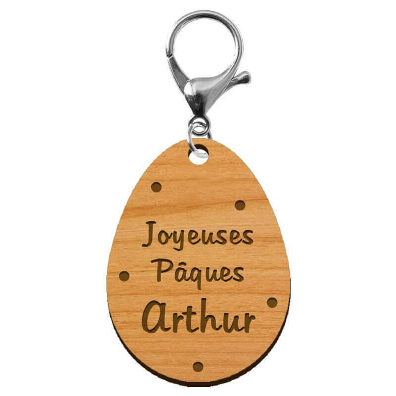 Porte-clé personnalisé en bois - Édition Limitée - Oeuf de Pâques mousqueton argenté
