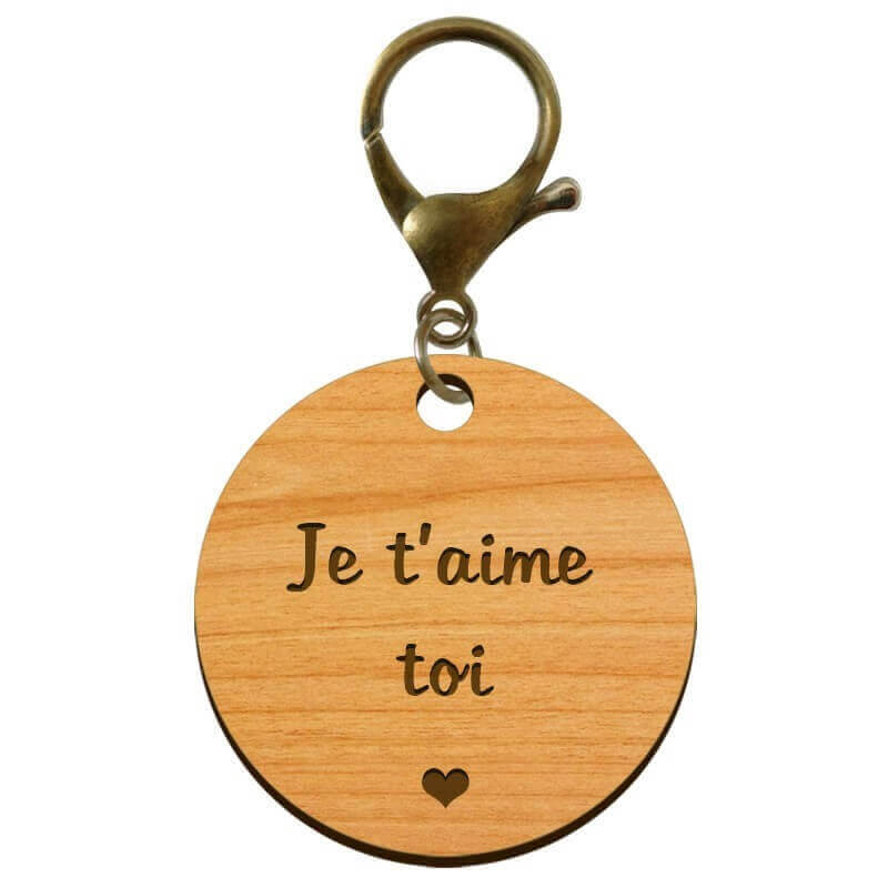 Cadeau porte clé personnalisable rond en bois mousqueton viel or gravé je t'aime cœur 