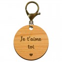 Cadeau porte clé personnalisable rond en bois mousqueton viel or gravé je t'aime cœur 