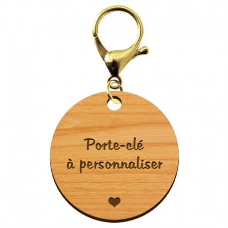 Porte-clé personnalisable en bois de taille 45 mm avec mousqueton de couleur or