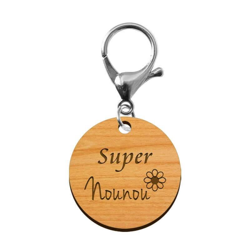Porte-clé personnalisé en bois - Super Nounou mousqueton argenté