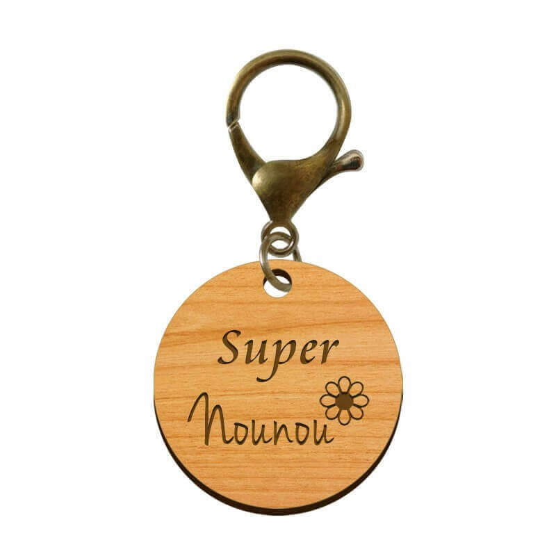 Porte-clé personnalisé en bois - Super Nounou mousqueton vieil or