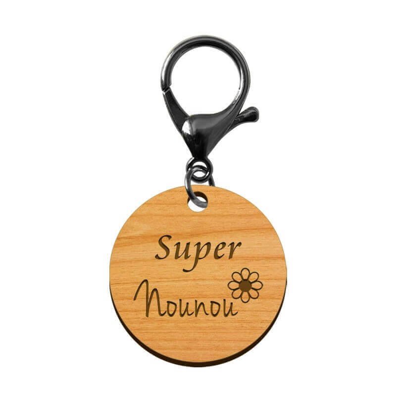 Porte-clé en bois personnalisé - Super Nounou mousqueton noir