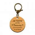 Porte-clé en bois - Je t'aime, un peu, beaucoup, passionnément, à la folie mousqueton vieil or 
