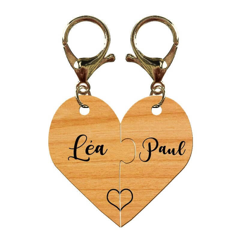 Duo de porte-clés puzzle coeur en bois personnalisé avec mousqueton bronze