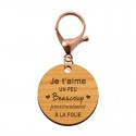 Porte-clé en bois - Je t'aime, un peu, beaucoup, passionnément, à la folie mousqueton rose