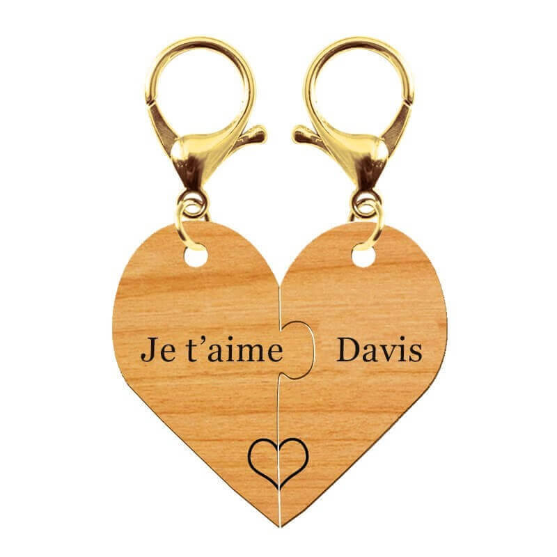 Porte-clés personnalisé puzzle coeur en bois avec prénom