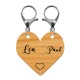 Porte clé couple en forme de coeur en bois personnalisé avec attache argenté