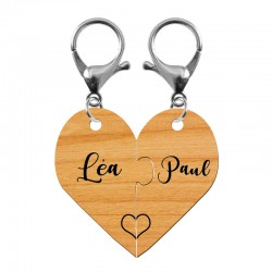 Porte clé couple en forme de coeur en bois personnalisé avec attache argenté