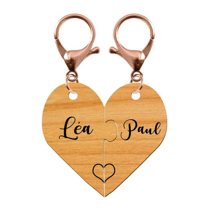 Porte- clés duo séparable bois gravé avec mousqueton rose gold