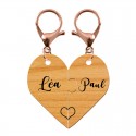 Porte- clés duo séparable bois gravé avec mousqueton rose gold