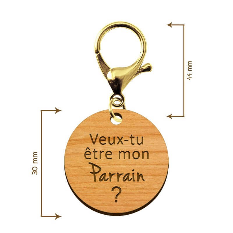 Dimensions du porte-clé en bois Veux-tu être mon Parrain 45 mm avec mousqueton de couleur doré