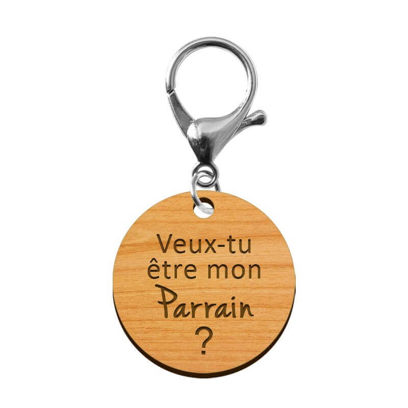 Porte-clé parrain personnalisé en bois - Veux-tu être mon Parrain? avec un mousqueton argenté