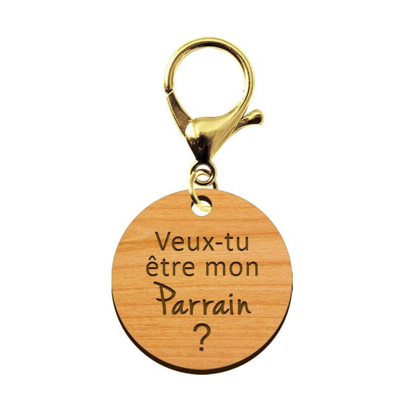 Porte-clé personnalisable en bois Parrain de taille 45 mm avec mousqueton de couleur or