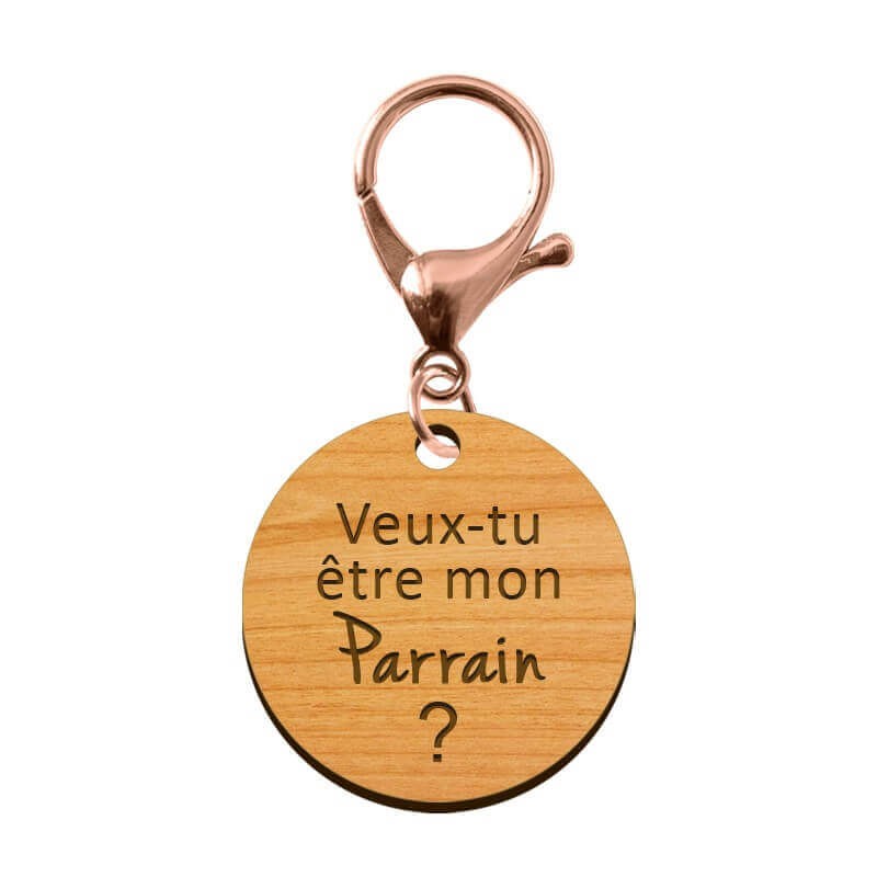 Porte-cléf personnalisé Veux-tu être mon Parrain rond en bois 45 mm avec un mousqueton de couleur rose métallique