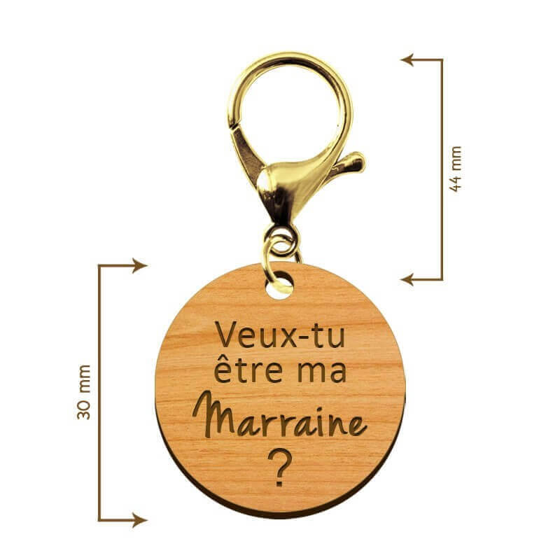 Dimensions du porte-clé en bois - Veux-tu être ma Marraine avec mousqueton couleur or