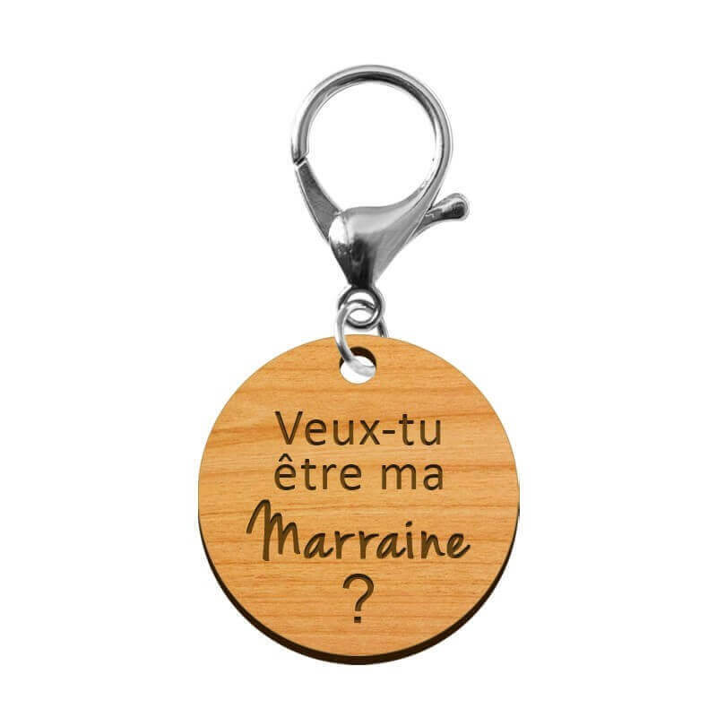 Porte-clé en bois - Veux-tu être ma Marraine avec mousqueton de couleur argent