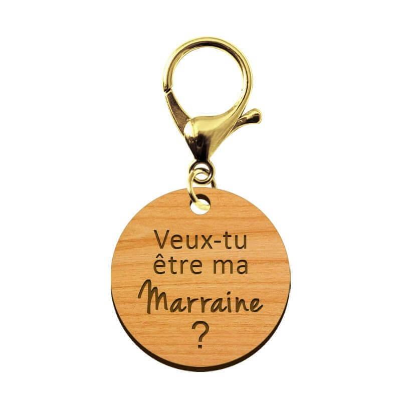 Porte-clé marraine personnalisé en bois avec mousqueton dorée