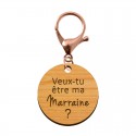Porte clef en bois - Veux-tu être ma Marraine avec un mousqueton rose métallique