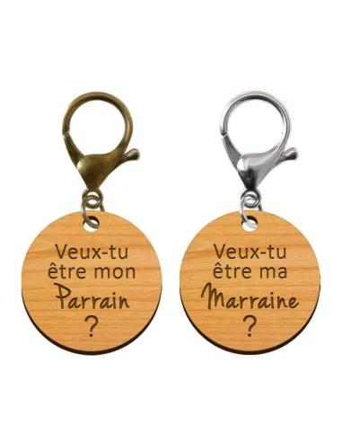 Deux Porte-clé rond en bois - Veux-tu être mon Parrain / Marraine? avec des mouquetons argent et bronze