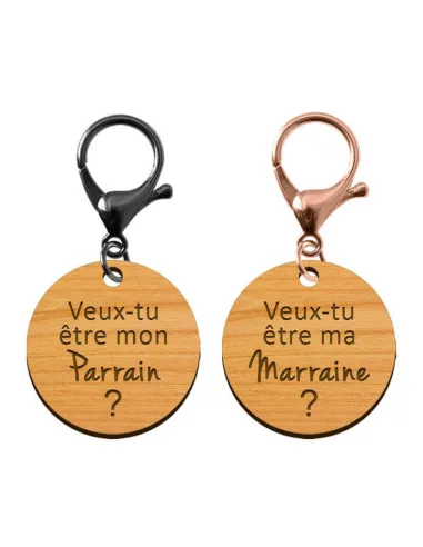 Porte-clé duo en bois - Veux-tu être mon Parrain / Marraine? mousqueton noir et mousqueton rose métalisé