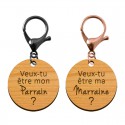 Porte-clé duo en bois - Veux-tu être mon Parrain / Marraine? mousqueton noir et mousqueton rose métalisé