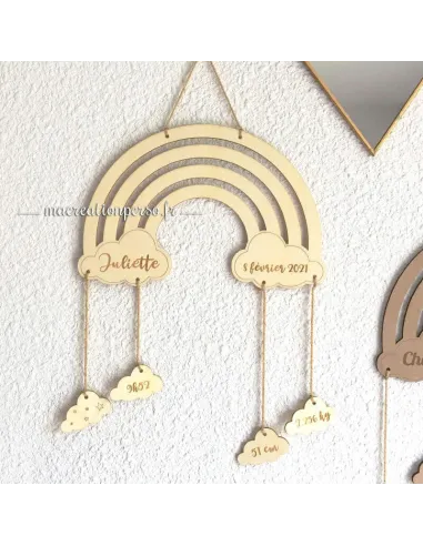 Cadeau de naissance personnnalisé en bois Arc-en-ciel et nuage