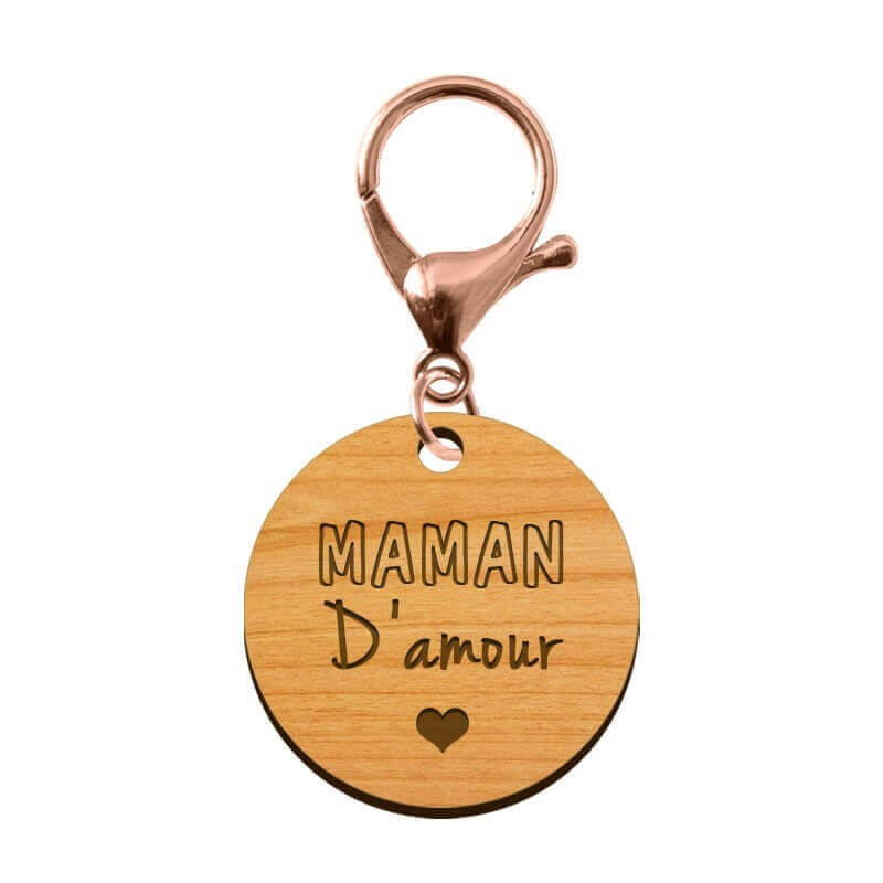Porte-clé en bois - Maman d'amour mousqueton rose