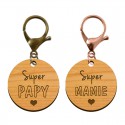 Porte-clé en bois - Super Mamie - Super Papy mousqueton bronze et rose