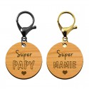 Porte-clé en bois - Super Mamie - Super Papy mousqueton noir et doré