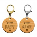 Porte-clé en bois - Super Mamie - Super Papy mousqueton doré et argenté