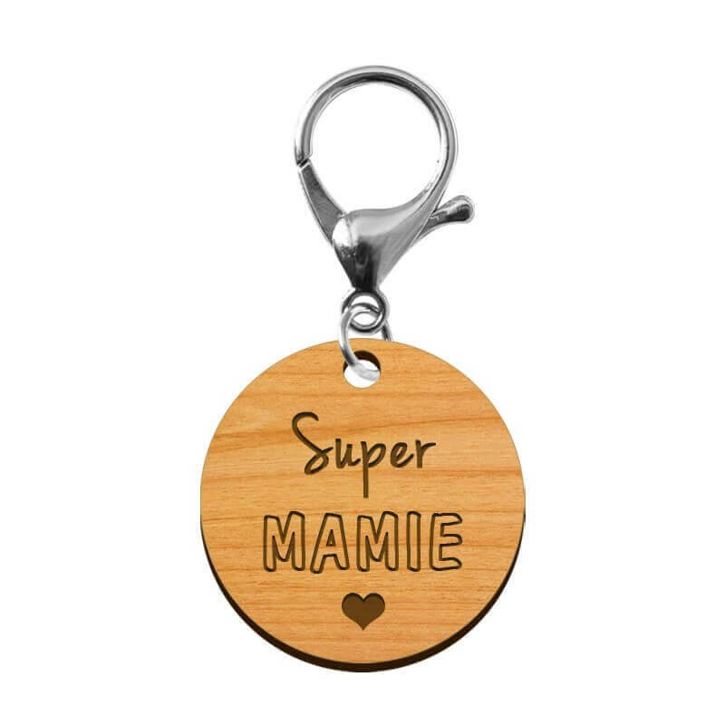Porte-clé en bois - Super Mamie mousqueton argenté
