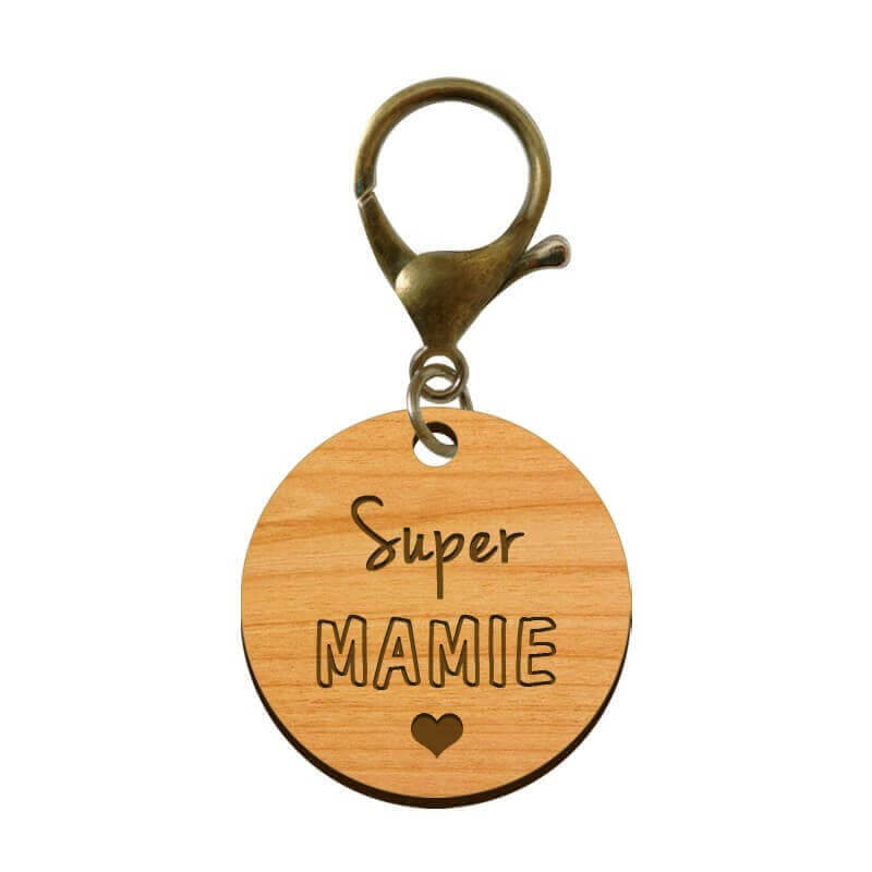 Porte-clé en bois - Super Mamie mousqueton vieil or