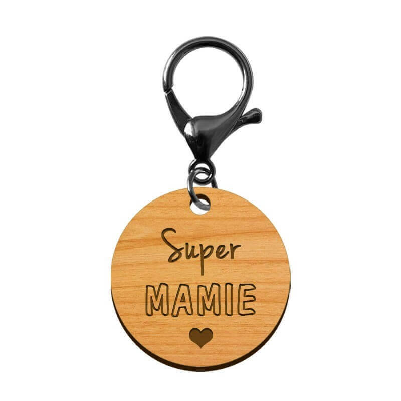 Porte-clé en bois - Super Mamie mousqueton noir