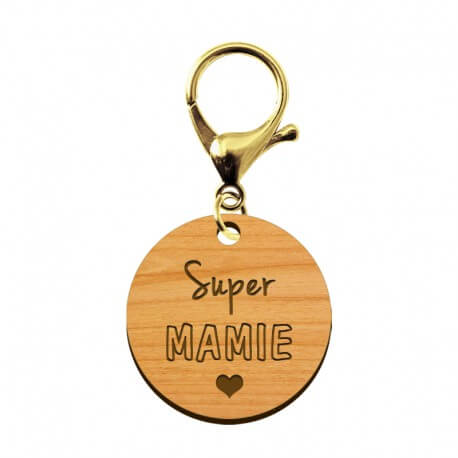Porte-clé en bois - Super Mamie mousqueton doré