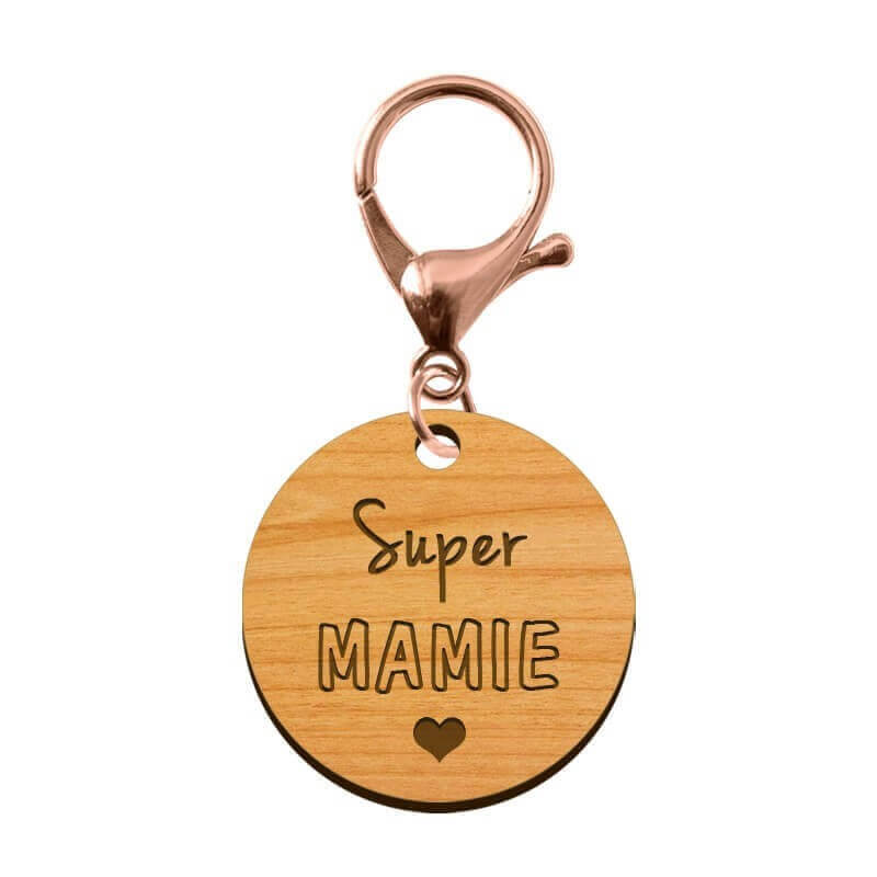 Porte-clé en bois - Super Mamie mousqueton rose