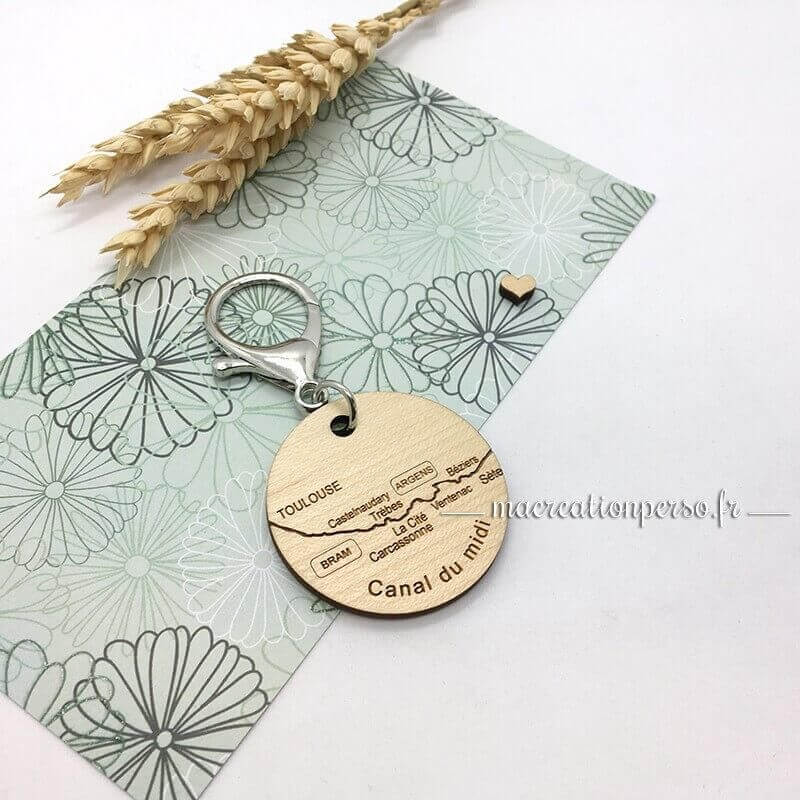Porte-clé Canal du Midi en bois avec mousqueton argent