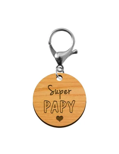 Porte-clé en bois - Super Papy mousqueton argent